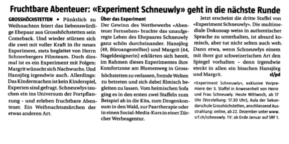 Experiment Schneuwly – Berner Landbote vom 19.12.2018